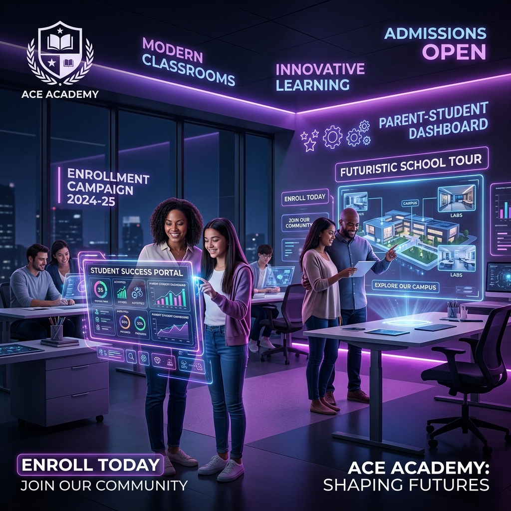 Sala de aula moderna com gráficos holográficos de marketing educacional e atração de alunos