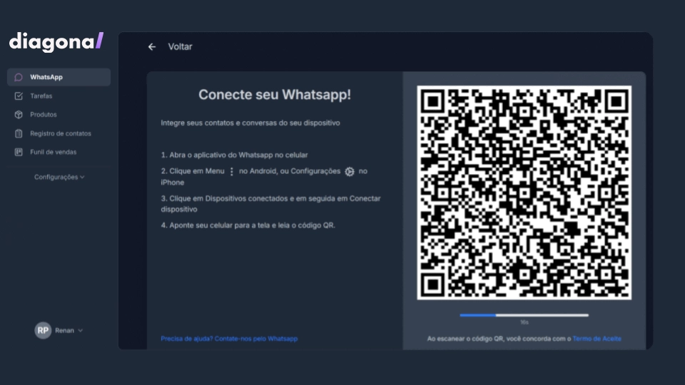 Tela de conexão do WhatsApp ao Diagonal CRM