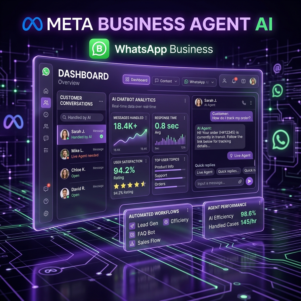 Interface conceitual do Meta Business Agent integrado ao WhatsApp Business