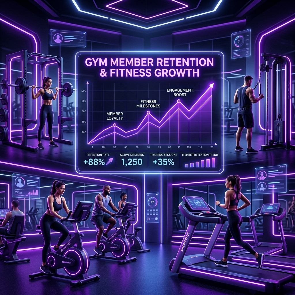 Academia premium com luzes neon violeta e métricas de engajamento crescendo
